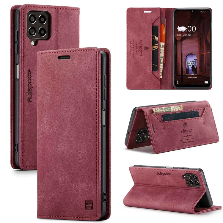 AUTSPACE A01 Serie für Samsung Galaxy M33 5G (globale Version) Handyhülle Tasche Matte PU-Leder + TPU RFID-Blocking Magnetverschluss Retro-Telefonhülle Standfunktion Brieftasche - Rot