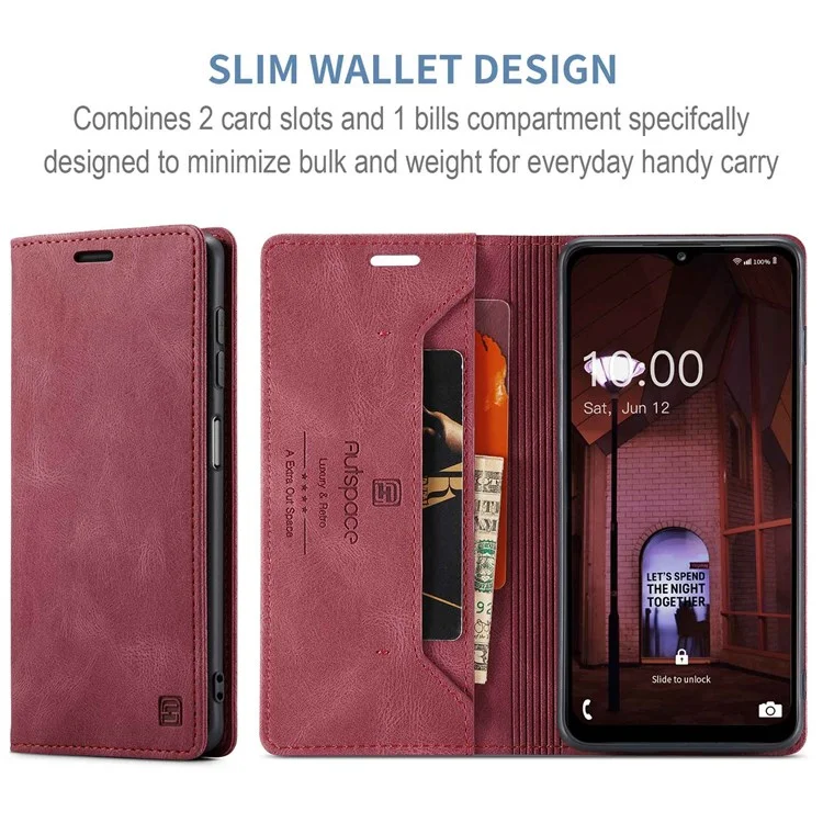 AUTSPACE A01 Serie für Samsung Galaxy M33 5G (globale Version) Handyhülle Tasche Matte PU-Leder + TPU RFID-Blocking Magnetverschluss Retro-Telefonhülle Standfunktion Brieftasche - Rot