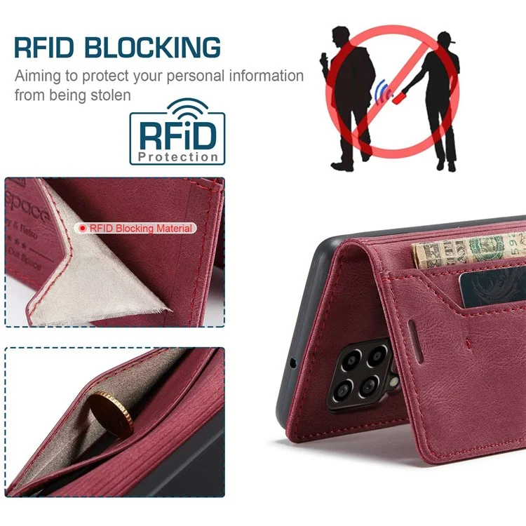 AUTSPACE A01 Serie für Samsung Galaxy M33 5G (globale Version) Handyhülle Tasche Matte PU-Leder + TPU RFID-Blocking Magnetverschluss Retro-Telefonhülle Standfunktion Brieftasche - Rot