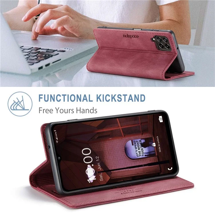 AUTSPACE A01 Serie für Samsung Galaxy M33 5G (globale Version) Handyhülle Tasche Matte PU-Leder + TPU RFID-Blocking Magnetverschluss Retro-Telefonhülle Standfunktion Brieftasche - Rot