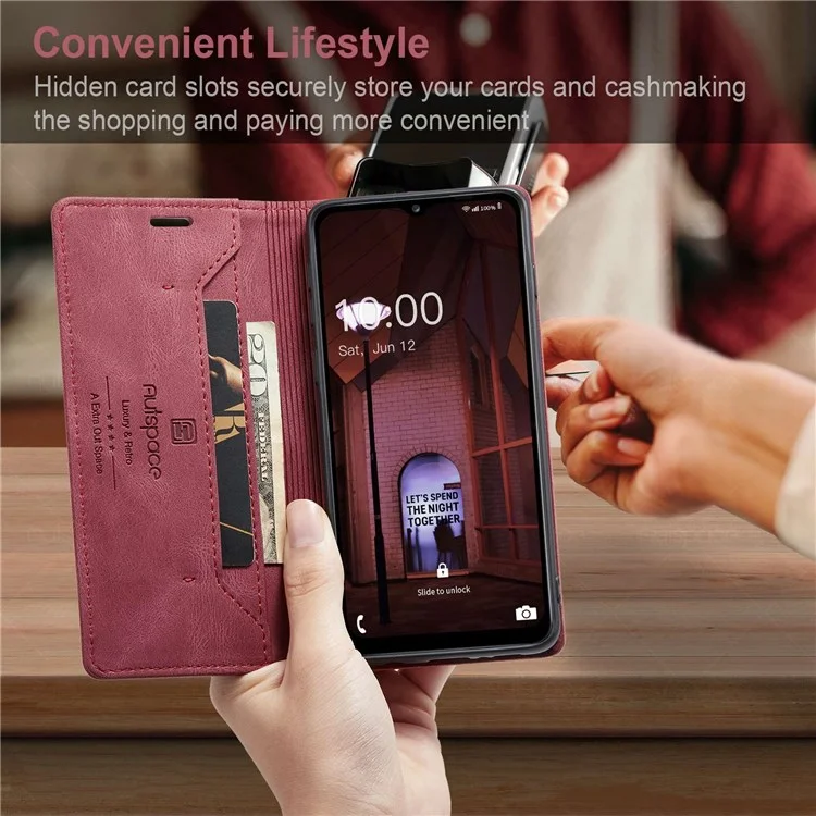 AUTSPACE A01 Serie für Samsung Galaxy M33 5G (globale Version) Handyhülle Tasche Matte PU-Leder + TPU RFID-Blocking Magnetverschluss Retro-Telefonhülle Standfunktion Brieftasche - Rot
