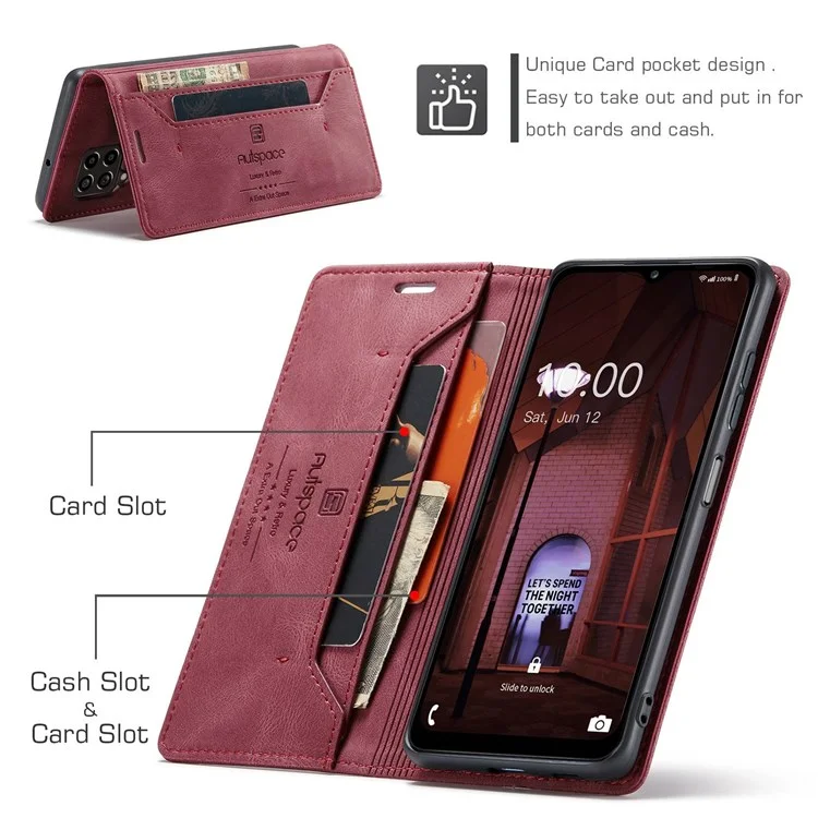 AUTSPACE A01 Serie für Samsung Galaxy M33 5G (globale Version) Handyhülle Tasche Matte PU-Leder + TPU RFID-Blocking Magnetverschluss Retro-Telefonhülle Standfunktion Brieftasche - Rot