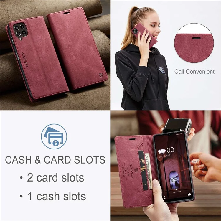 AUTSPACE A01 Serie für Samsung Galaxy M33 5G (globale Version) Handyhülle Tasche Matte PU-Leder + TPU RFID-Blocking Magnetverschluss Retro-Telefonhülle Standfunktion Brieftasche - Rot