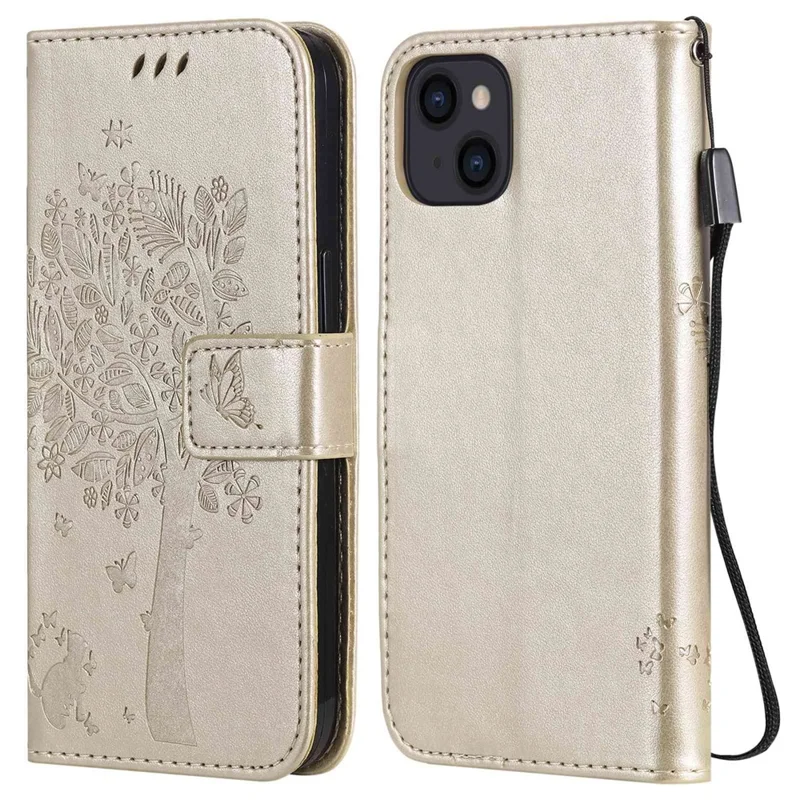 For iPhone 14 Phone Case with Stand Cat Tree Pattern Leather Wallet Mobile Cover - Gold