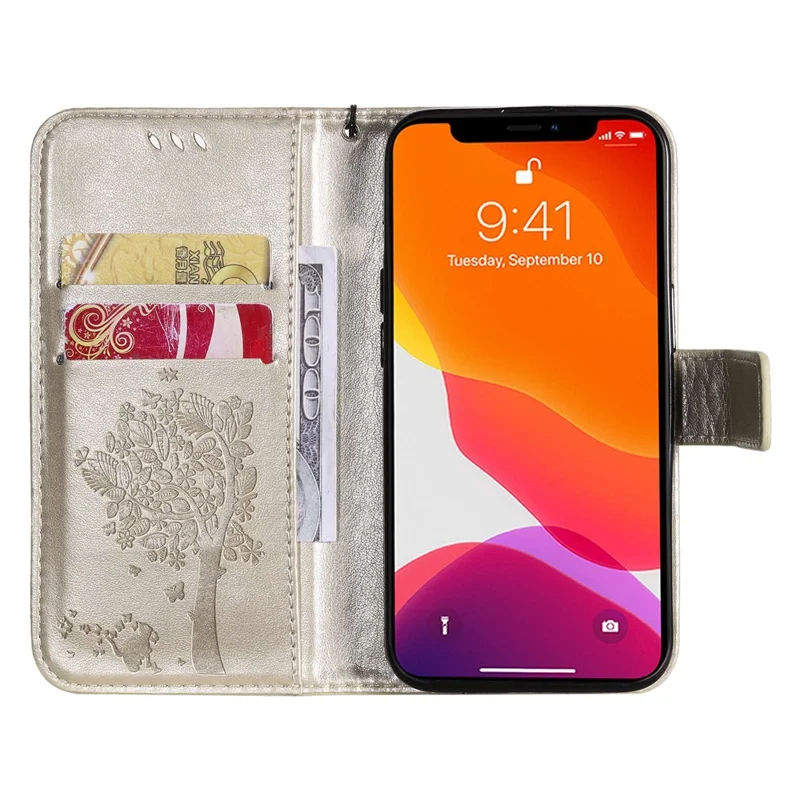For iPhone 14 Phone Case with Stand Cat Tree Pattern Leather Wallet Mobile Cover - Gold