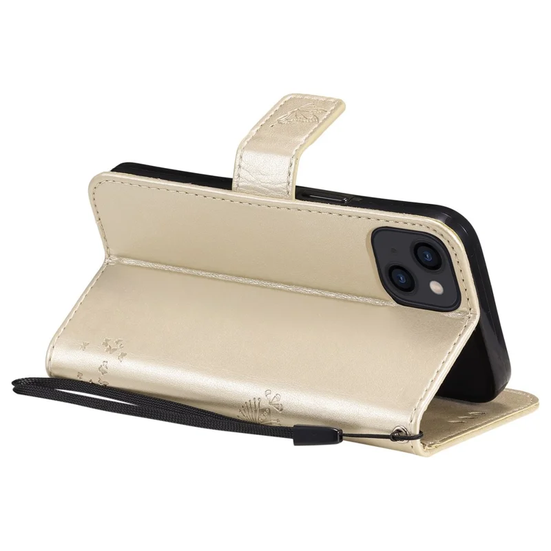 For iPhone 14 Phone Case with Stand Cat Tree Pattern Leather Wallet Mobile Cover - Gold