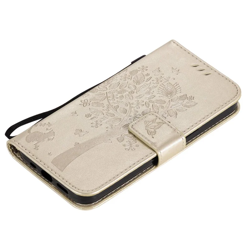 For iPhone 14 Phone Case with Stand Cat Tree Pattern Leather Wallet Mobile Cover - Gold