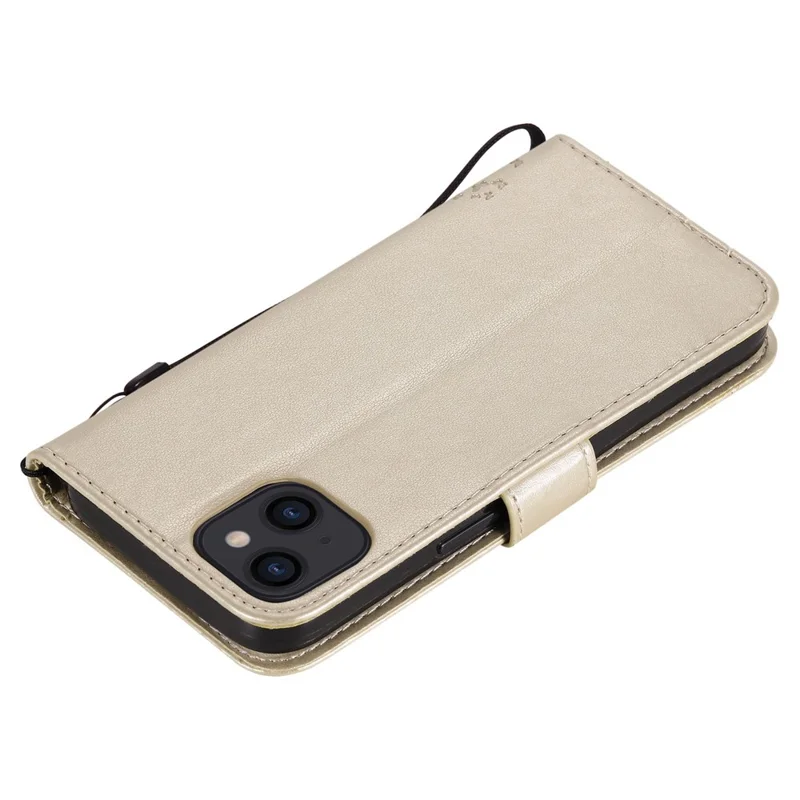For iPhone 14 Phone Case with Stand Cat Tree Pattern Leather Wallet Mobile Cover - Gold