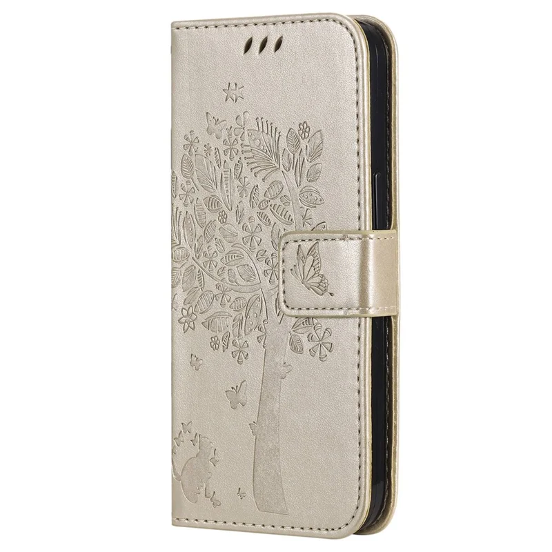 For iPhone 14 Phone Case with Stand Cat Tree Pattern Leather Wallet Mobile Cover - Gold