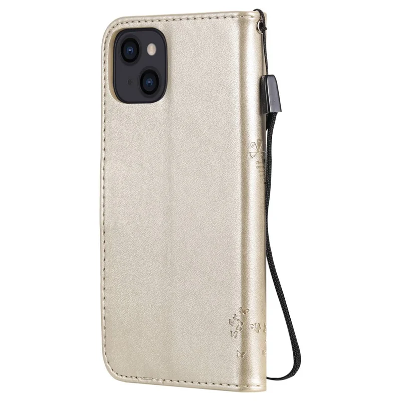 For iPhone 14 Phone Case with Stand Cat Tree Pattern Leather Wallet Mobile Cover - Gold
