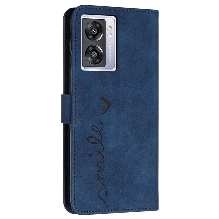 Pour Oppo A57 (2022) 5G / A77 5G Coque de téléphone en forme de cœur imprimée en cuir PU Sensation de peau Portefeuille Fonction mains libres Support avec dragonne - Saphir