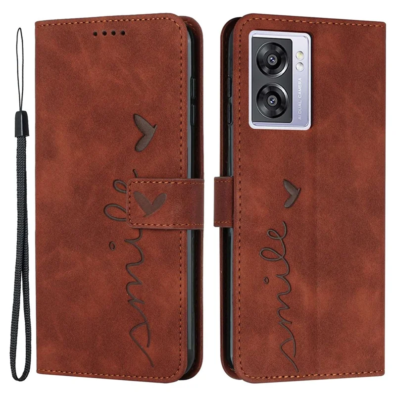For Oppo A57 (2022) 5G / A77 5G Heart Shape Imprinted Phone Case PU Leather Skin-touch Feeling Wallet Hands-free Stand Feature Shell with Strap - Brown