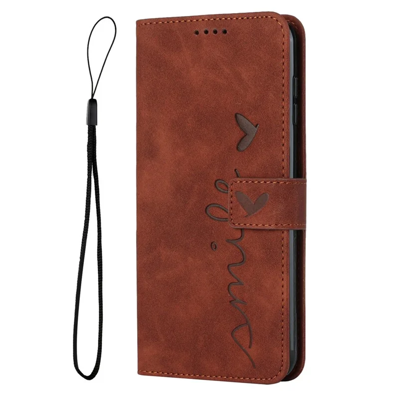 For Oppo A57 (2022) 5G / A77 5G Heart Shape Imprinted Phone Case PU Leather Skin-touch Feeling Wallet Hands-free Stand Feature Shell with Strap - Brown