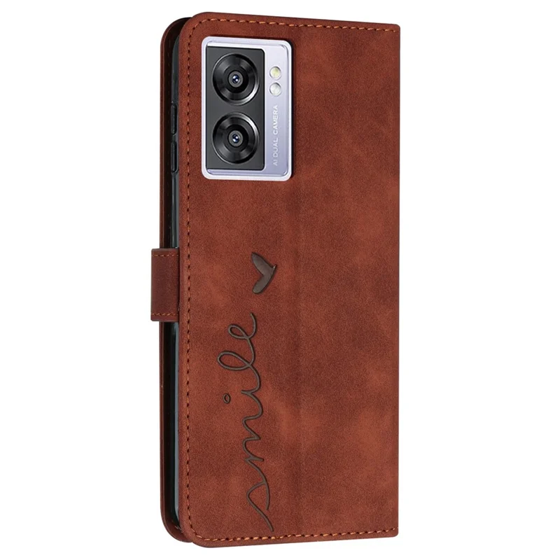For Oppo A57 (2022) 5G / A77 5G Heart Shape Imprinted Phone Case PU Leather Skin-touch Feeling Wallet Hands-free Stand Feature Shell with Strap - Brown