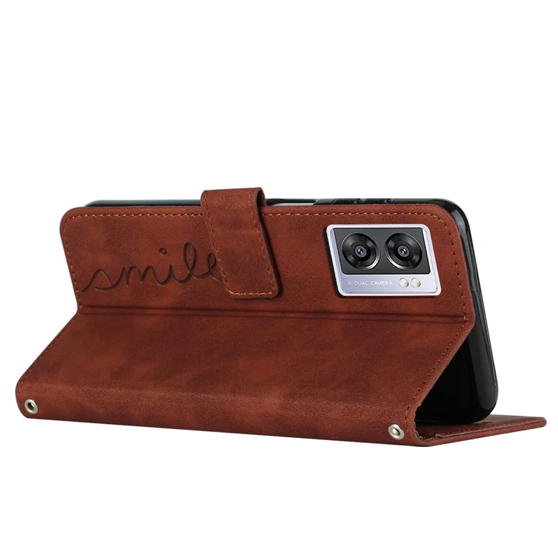 For Oppo A57 (2022) 5G / A77 5G Heart Shape Imprinted Phone Case PU Leather Skin-touch Feeling Wallet Hands-free Stand Feature Shell with Strap - Brown