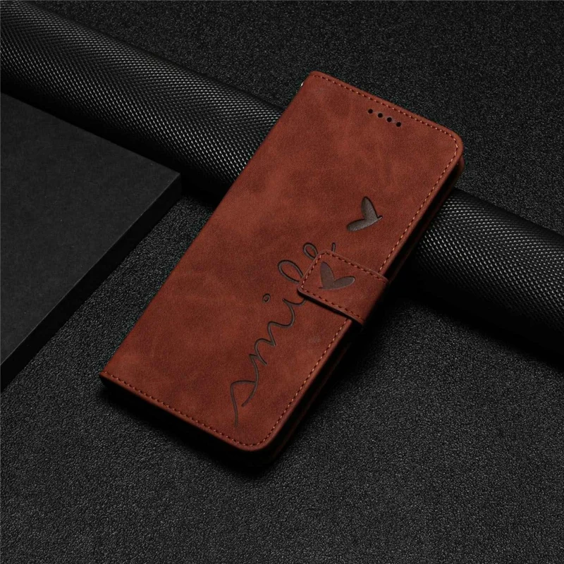 For Oppo A57 (2022) 5G / A77 5G Heart Shape Imprinted Phone Case PU Leather Skin-touch Feeling Wallet Hands-free Stand Feature Shell with Strap - Brown