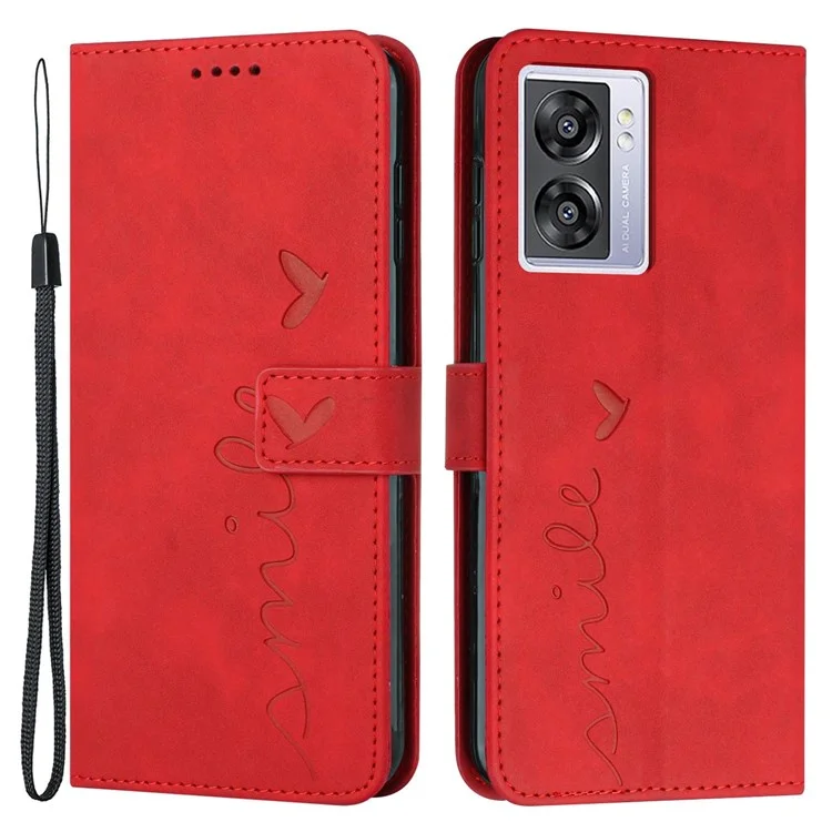Für Oppo A57 (2022) 5G / A77 5G Herzform Eingeprägter Telefonhülle PU Leder Hauttouch Feeling Brieftasche Freispreche Ständer Feature Mit Riemen - Rot