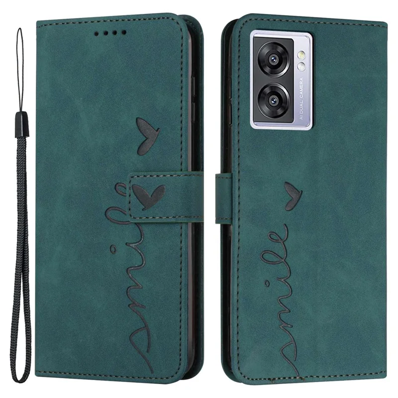 For Oppo A57 (2022) 5G / A77 5G Heart Shape Imprinted Phone Case PU Leather Skin-touch Feeling Wallet Hands-free Stand Feature Shell with Strap - Green