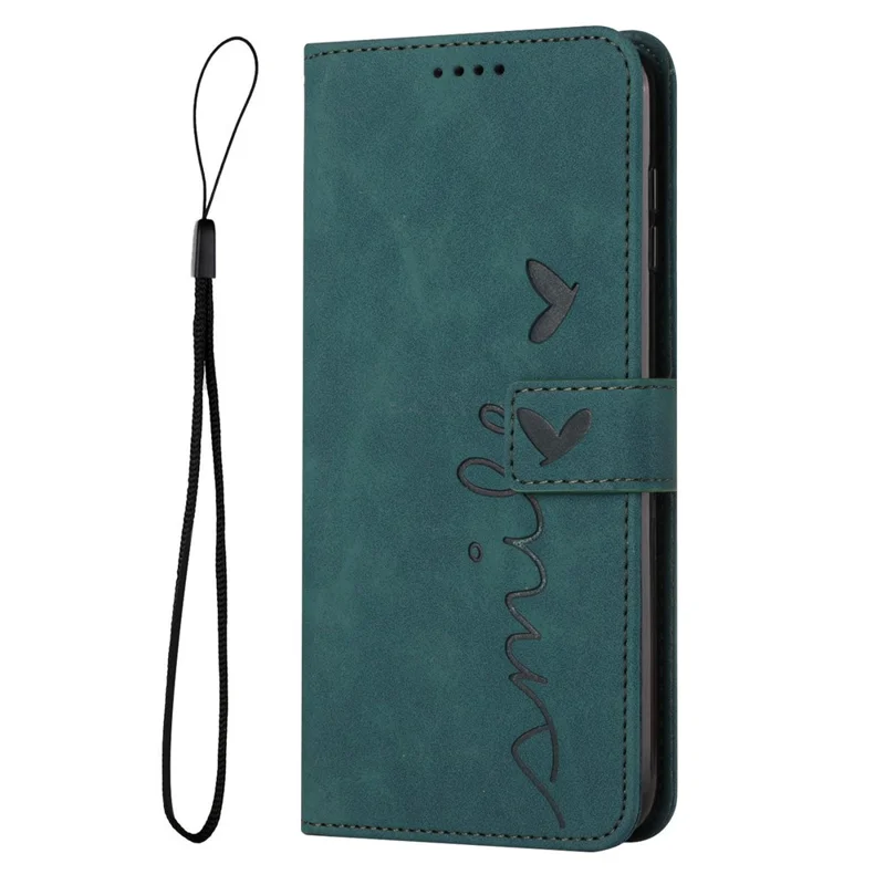 For Oppo A57 (2022) 5G / A77 5G Heart Shape Imprinted Phone Case PU Leather Skin-touch Feeling Wallet Hands-free Stand Feature Shell with Strap - Green