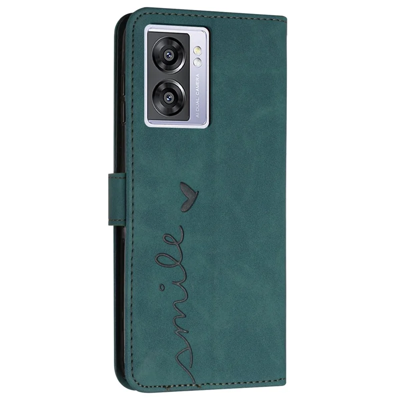 For Oppo A57 (2022) 5G / A77 5G Heart Shape Imprinted Phone Case PU Leather Skin-touch Feeling Wallet Hands-free Stand Feature Shell with Strap - Green