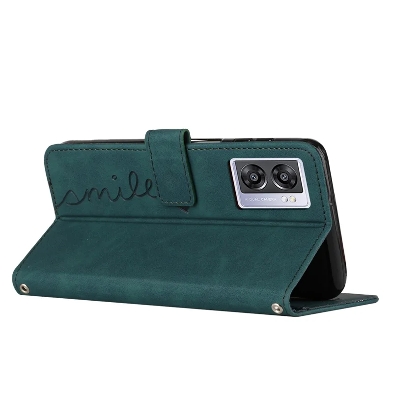 For Oppo A57 (2022) 5G / A77 5G Heart Shape Imprinted Phone Case PU Leather Skin-touch Feeling Wallet Hands-free Stand Feature Shell with Strap - Green