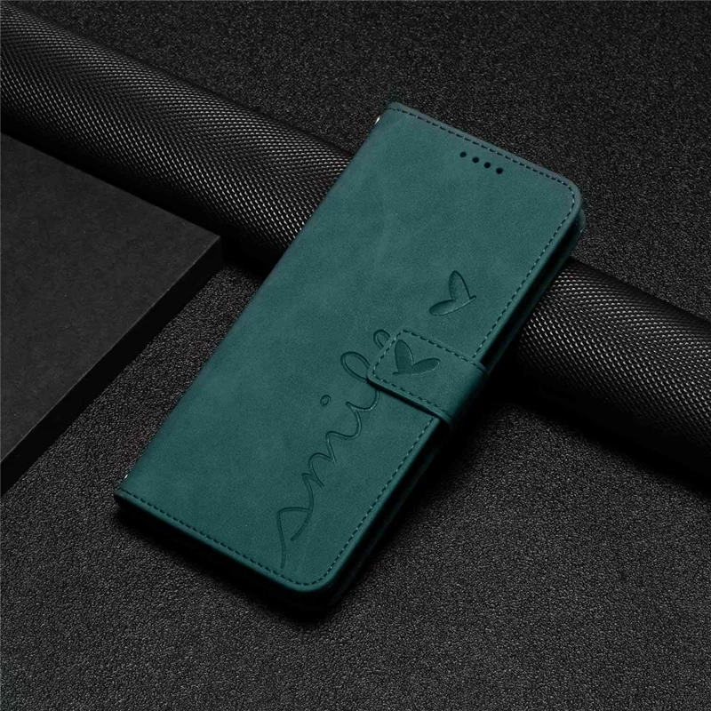 For Oppo A57 (2022) 5G / A77 5G Heart Shape Imprinted Phone Case PU Leather Skin-touch Feeling Wallet Hands-free Stand Feature Shell with Strap - Green
