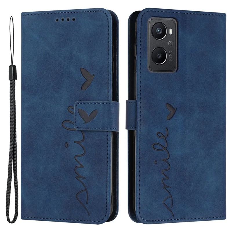 For Oppo A96 5G/Reno7 Z 5G/OnePlus Nord N20 5G Shockproof Heart Shape Imprinted Phone Case PU Leather Skin-touch Feeling Wallet Stand Feature Shell with Strap - Sapphire