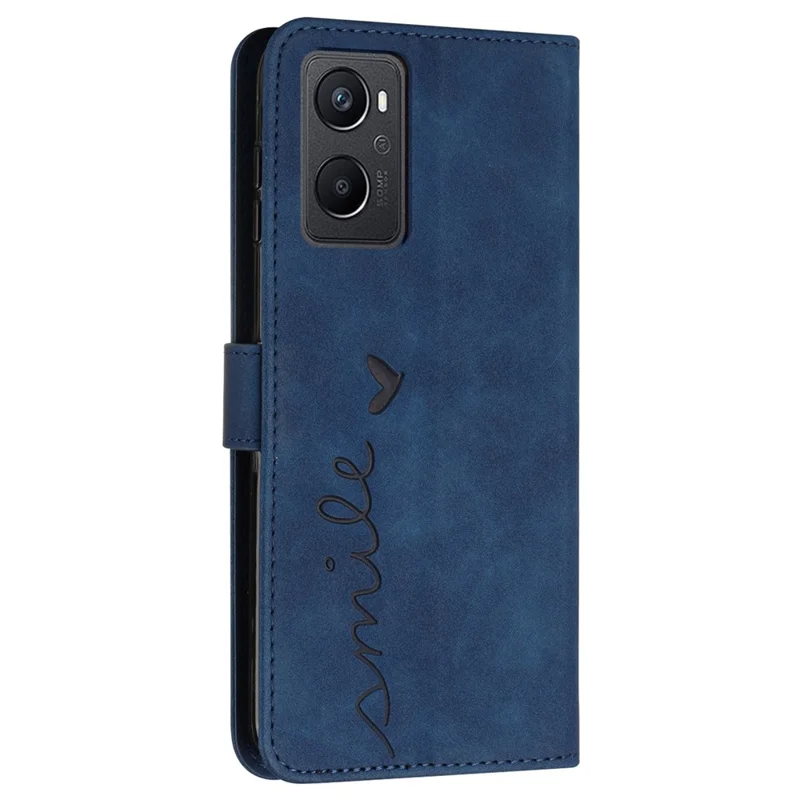 For Oppo A96 5G/Reno7 Z 5G/OnePlus Nord N20 5G Shockproof Heart Shape Imprinted Phone Case PU Leather Skin-touch Feeling Wallet Stand Feature Shell with Strap - Sapphire