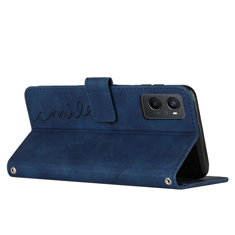 For Oppo A96 5G/Reno7 Z 5G/OnePlus Nord N20 5G Shockproof Heart Shape Imprinted Phone Case PU Leather Skin-touch Feeling Wallet Stand Feature Shell with Strap - Sapphire