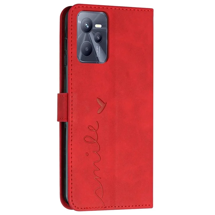 For Realme C35/Narzo 50A Prime 4G Heart Shape Imprinted Phone Case PU Leather Skin-touch Feeling Wallet Stand Feature Shell with Strap - Red