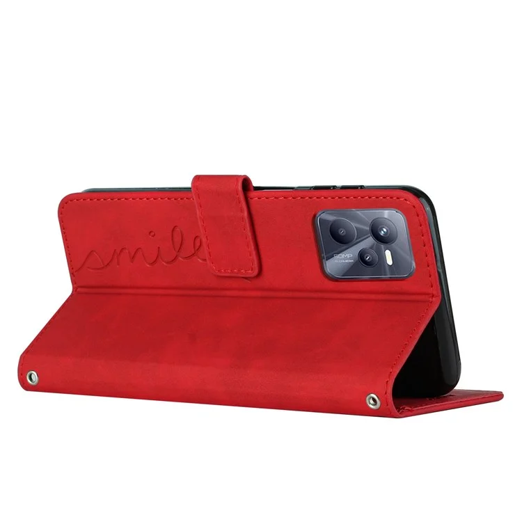For Realme C35/Narzo 50A Prime 4G Heart Shape Imprinted Phone Case PU Leather Skin-touch Feeling Wallet Stand Feature Shell with Strap - Red