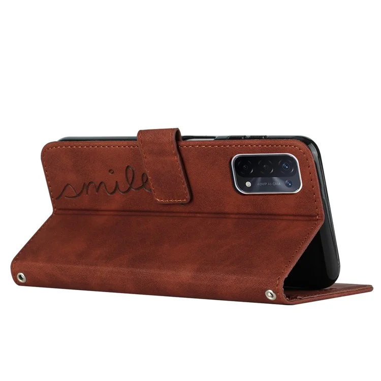 Für Oppo A74 5G/A93 5G/A54 5G Geprinziertes Herzform Wallet Hülle Haut-touch-lederständer Verfügt Über Flip-cover Mit Riemen - Braun