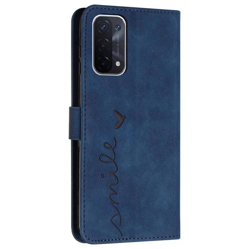 For Oppo A74 5G/A93 5G/A54 5G Imprinted Heart Shape Wallet Case Skin-touch Feeling Leather Stand Feature Flip Cover with Strap - Sapphire
