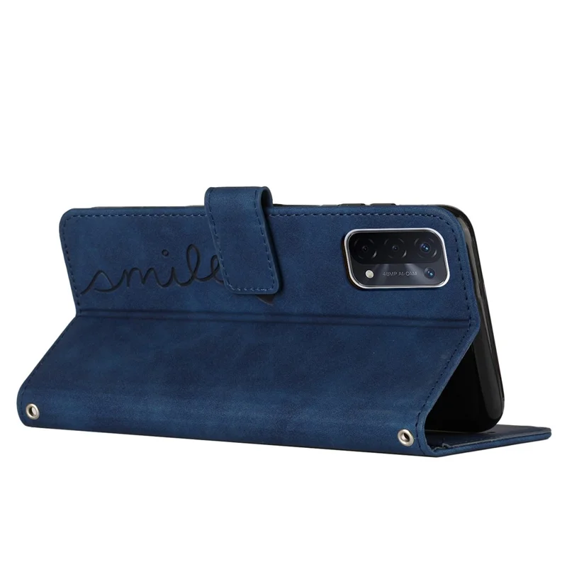 For Oppo A74 5G/A93 5G/A54 5G Imprinted Heart Shape Wallet Case Skin-touch Feeling Leather Stand Feature Flip Cover with Strap - Sapphire