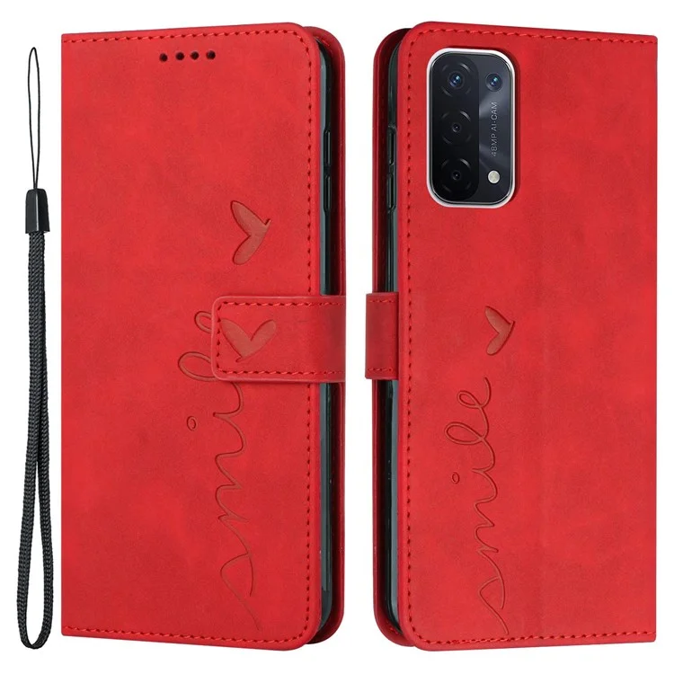 Para Oppo A74 5G/A93 5G/A54 5G Forma de Corazón Impresa Case de Billetera de Piel Toque de Cuero Funz - Rojo