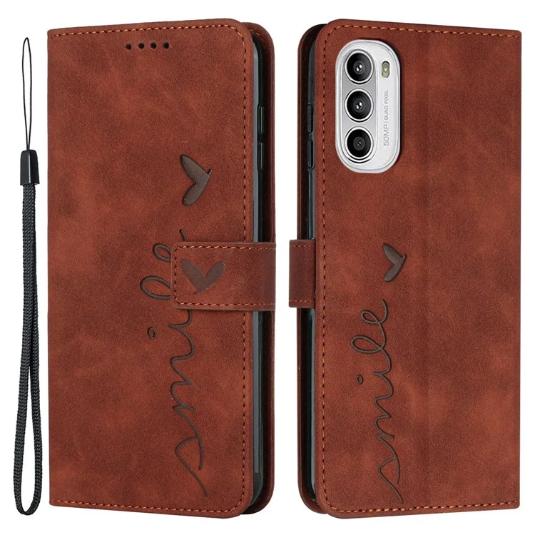 For Motorola Moto G52 4G / G82 5G Imprinted Heart Shape PU Leather Wallet Flip Cover Stand Magnetic Protect Skin-touch Feeling Shell Cover with Strap - Brown