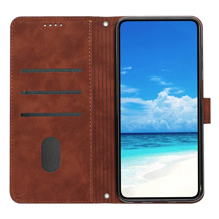 For Motorola Moto G52 4G / G82 5G Imprinted Heart Shape PU Leather Wallet Flip Cover Stand Magnetic Protect Skin-touch Feeling Shell Cover with Strap - Brown