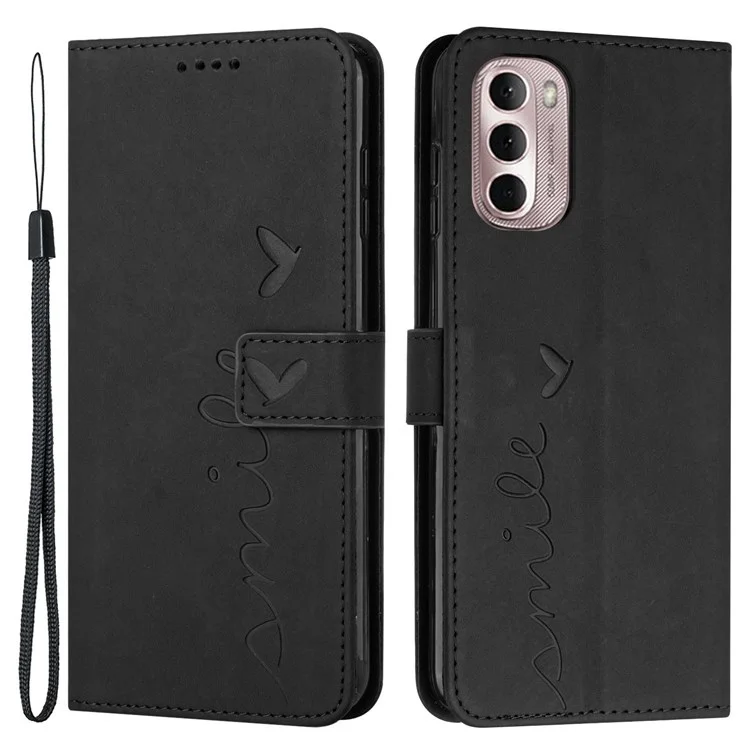 For Motorola Moto G Stylus 5G (2022) Heart Shape Imprinted Wallet Flip Cover Skin-touch Feeling PU Leather Stand Magnetic Protective Case with Strap - Black