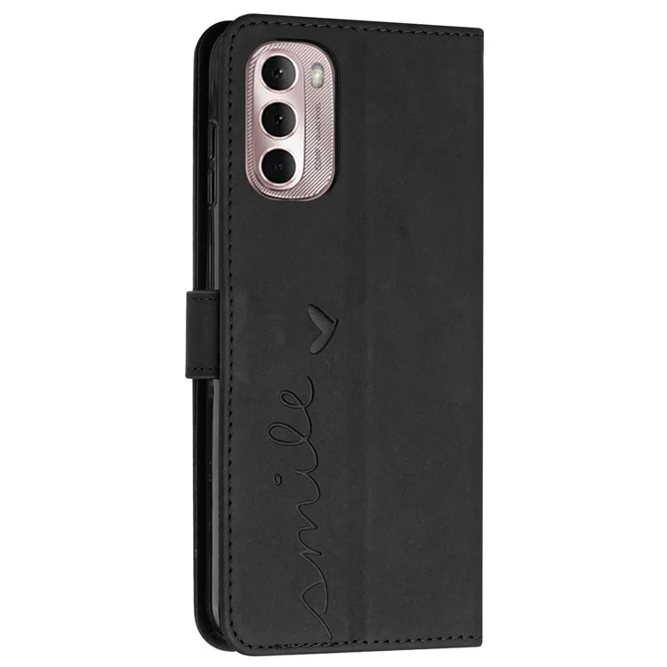 For Motorola Moto G Stylus 5G (2022) Heart Shape Imprinted Wallet Flip Cover Skin-touch Feeling PU Leather Stand Magnetic Protective Case with Strap - Black