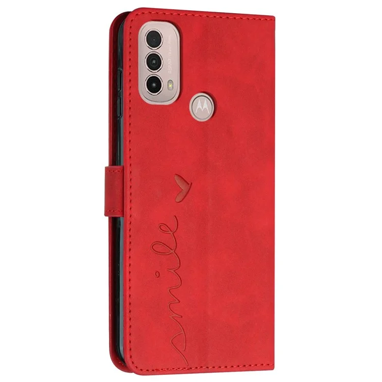 For Motorola Moto E20/E30/E40 Skin-touch Heart Shape Imprinted Leather Phone Case with Stand Wallet - Red