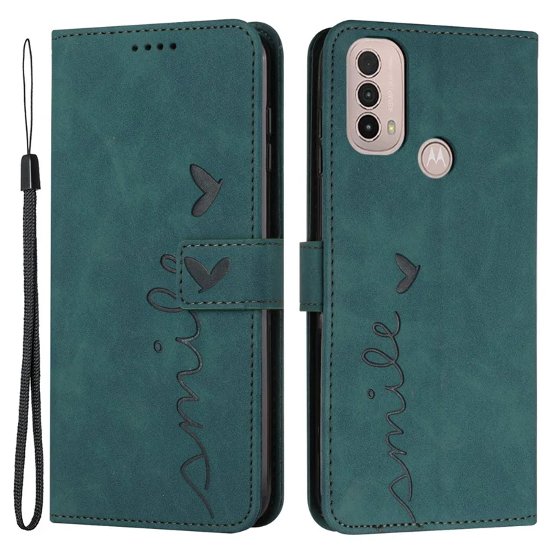 For Motorola Moto E20/E30/E40 Skin-touch Heart Shape Imprinted Leather Phone Case with Stand Wallet - Green
