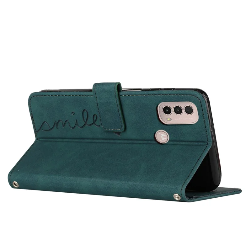 For Motorola Moto E20/E30/E40 Skin-touch Heart Shape Imprinted Leather Phone Case with Stand Wallet - Green