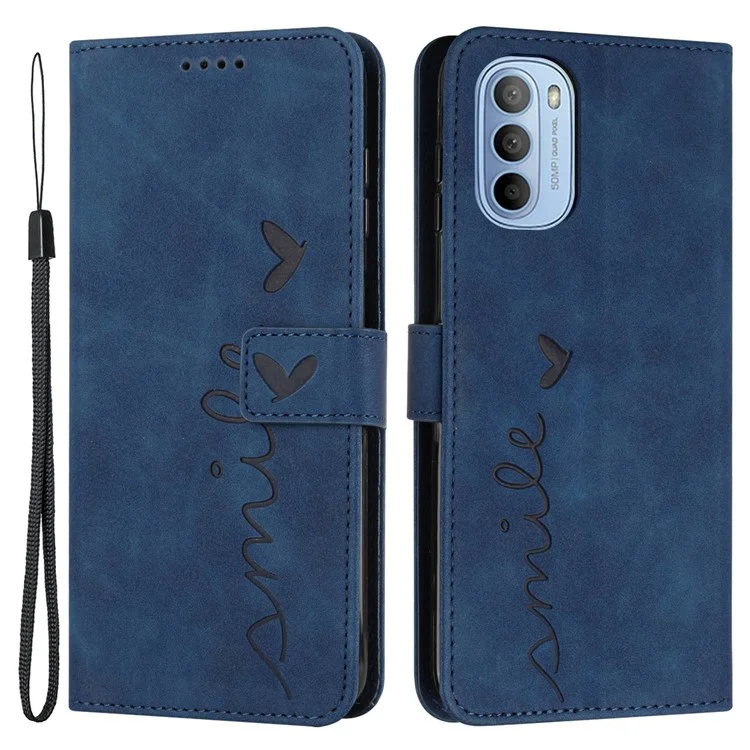Para Motorola Moto G51 5G Protección corporal completa Forma de corazón Impreso Funda de teléfono Piel de PU Sensación táctil Característica de billetera Soporte con correa - Zafiro