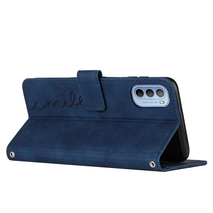 Para Motorola Moto G51 5G Protección corporal completa Forma de corazón Impreso Funda de teléfono Piel de PU Sensación táctil Característica de billetera Soporte con correa - Zafiro