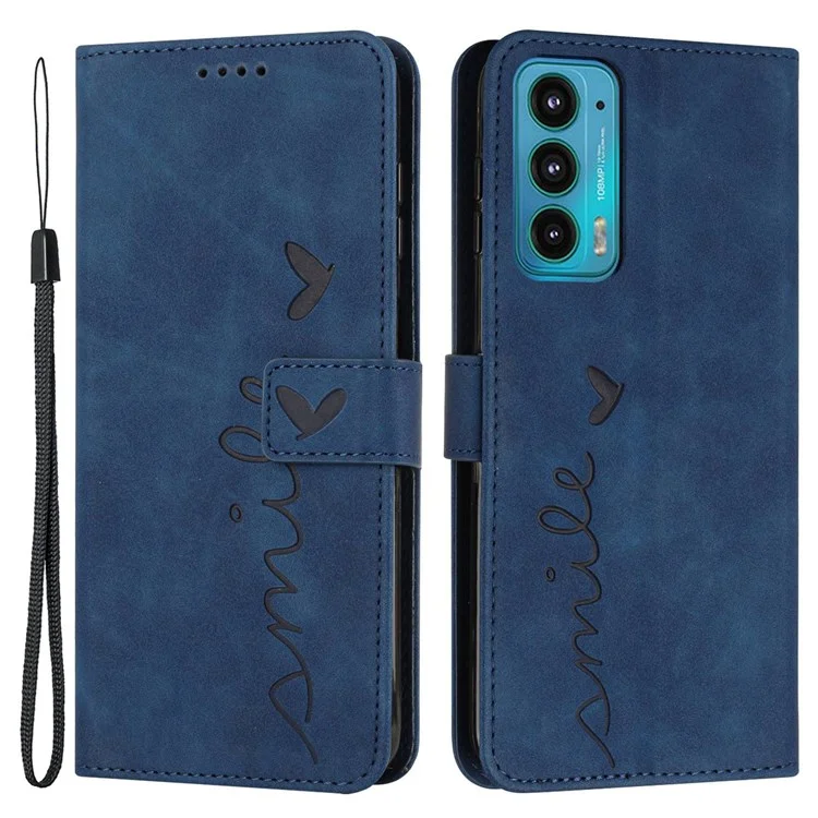 Skin-touch Feeling Phone Case for Motorola Edge 20, PU Leather Heart Shape Imprinted Stand Wallet Cover - Sapphire