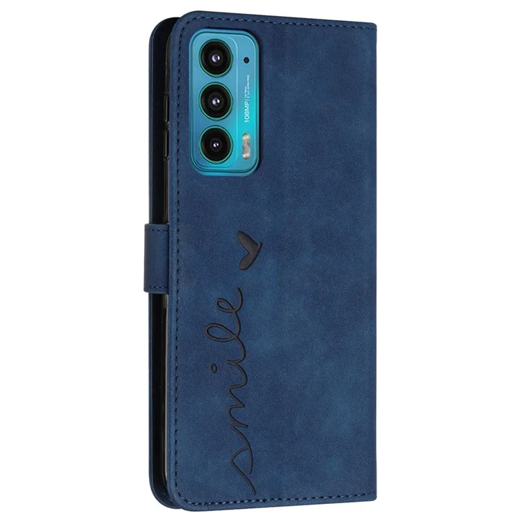 Skin-touch Feeling Phone Case for Motorola Edge 20, PU Leather Heart Shape Imprinted Stand Wallet Cover - Sapphire