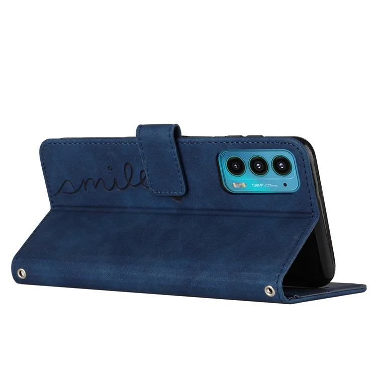 Skin-touch Feeling Phone Case for Motorola Edge 20, PU Leather Heart Shape Imprinted Stand Wallet Cover - Sapphire
