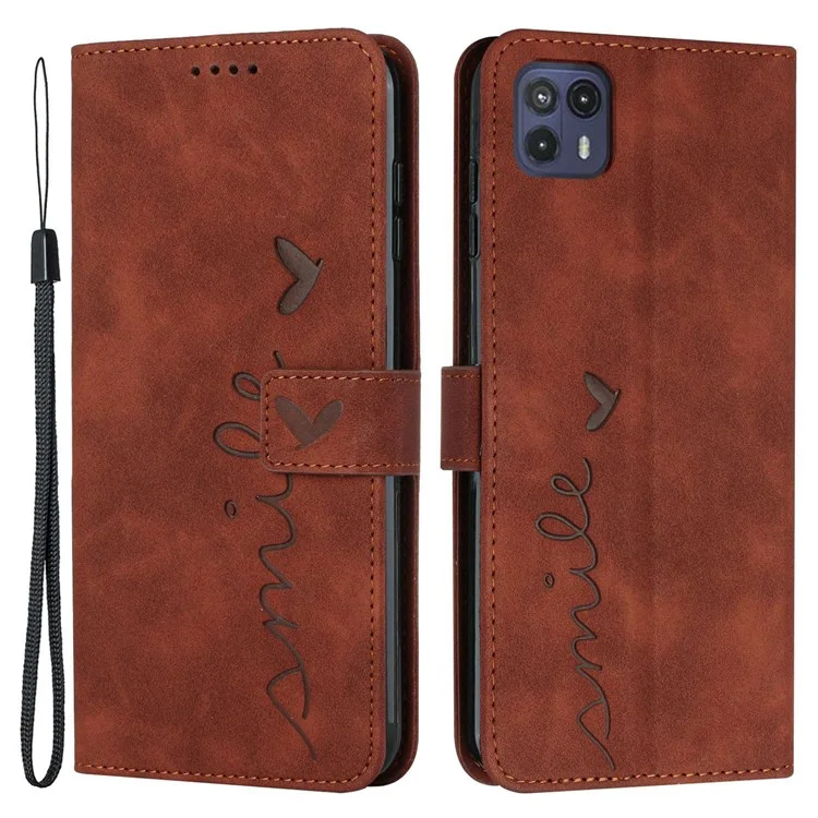 For Motorola Moto G50 5G PU Leather Skin-touch Stand Phone Case Imprinting Heart Shape Flip Folio Wallet Cover - Brown