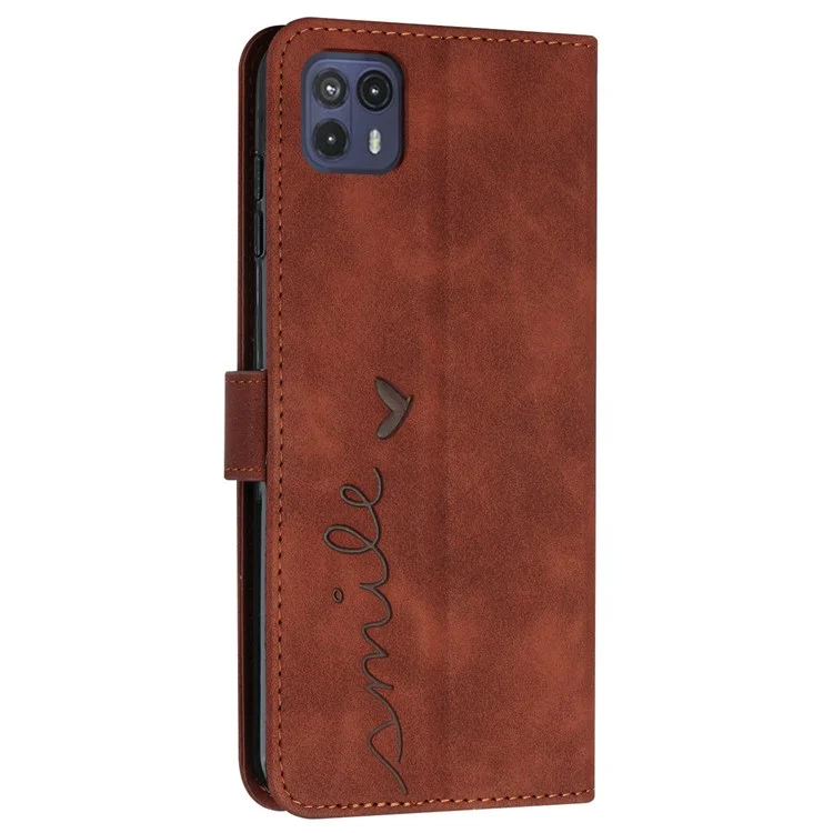 For Motorola Moto G50 5G PU Leather Skin-touch Stand Phone Case Imprinting Heart Shape Flip Folio Wallet Cover - Brown