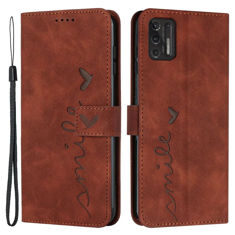 For Motorola Moto G Stylus 4G (2021) Skin-touch Feeling Heart Shape Imprinted Phone Case Drop Resistant PU Leather Wallet Stand Shell with Strap - Brown